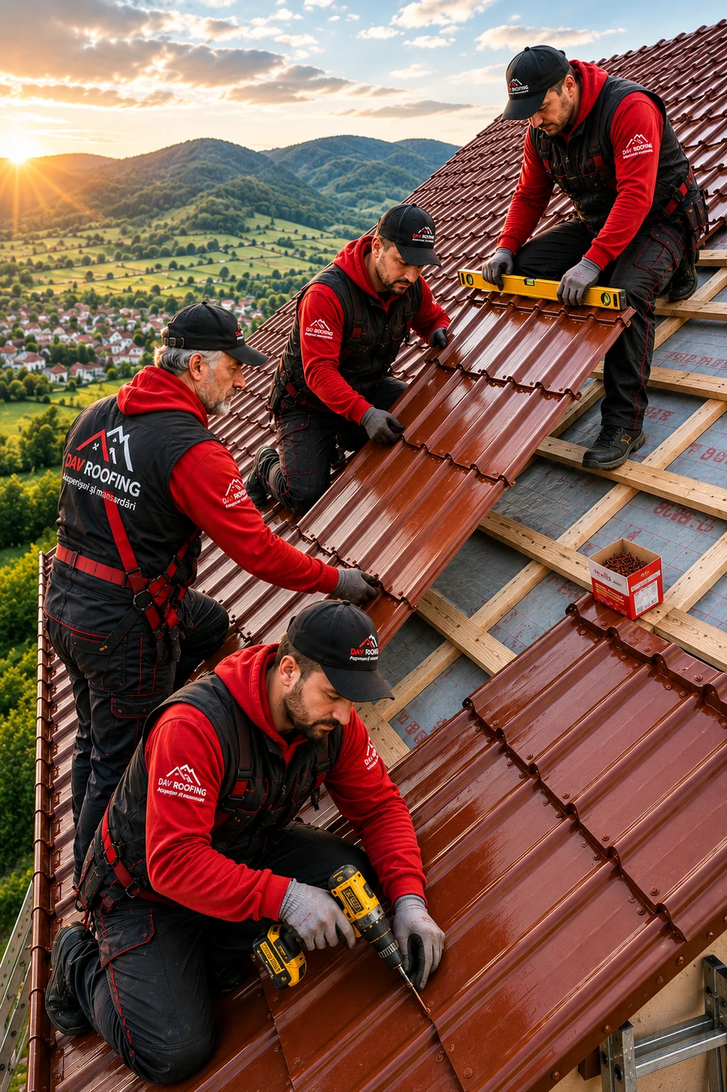 Echipă DavRoofing la montajul unui acoperiş